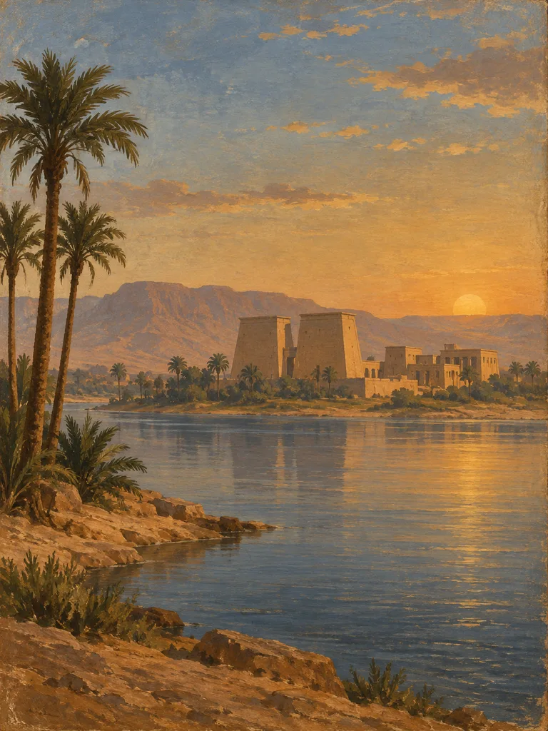 Imagined Nile landscape with temple pylons and palms.